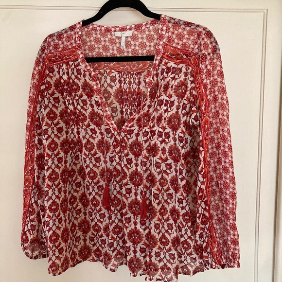 Joie Red and White Flowy Blouse, Tassels, Boho, Print, Size Small 100% Silk - Picture 1 of 12